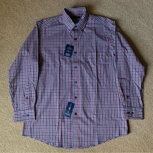 Mens Club Room Shirt L Red Blue Plaid Stretch Button Up Long Sleeve Shirt New